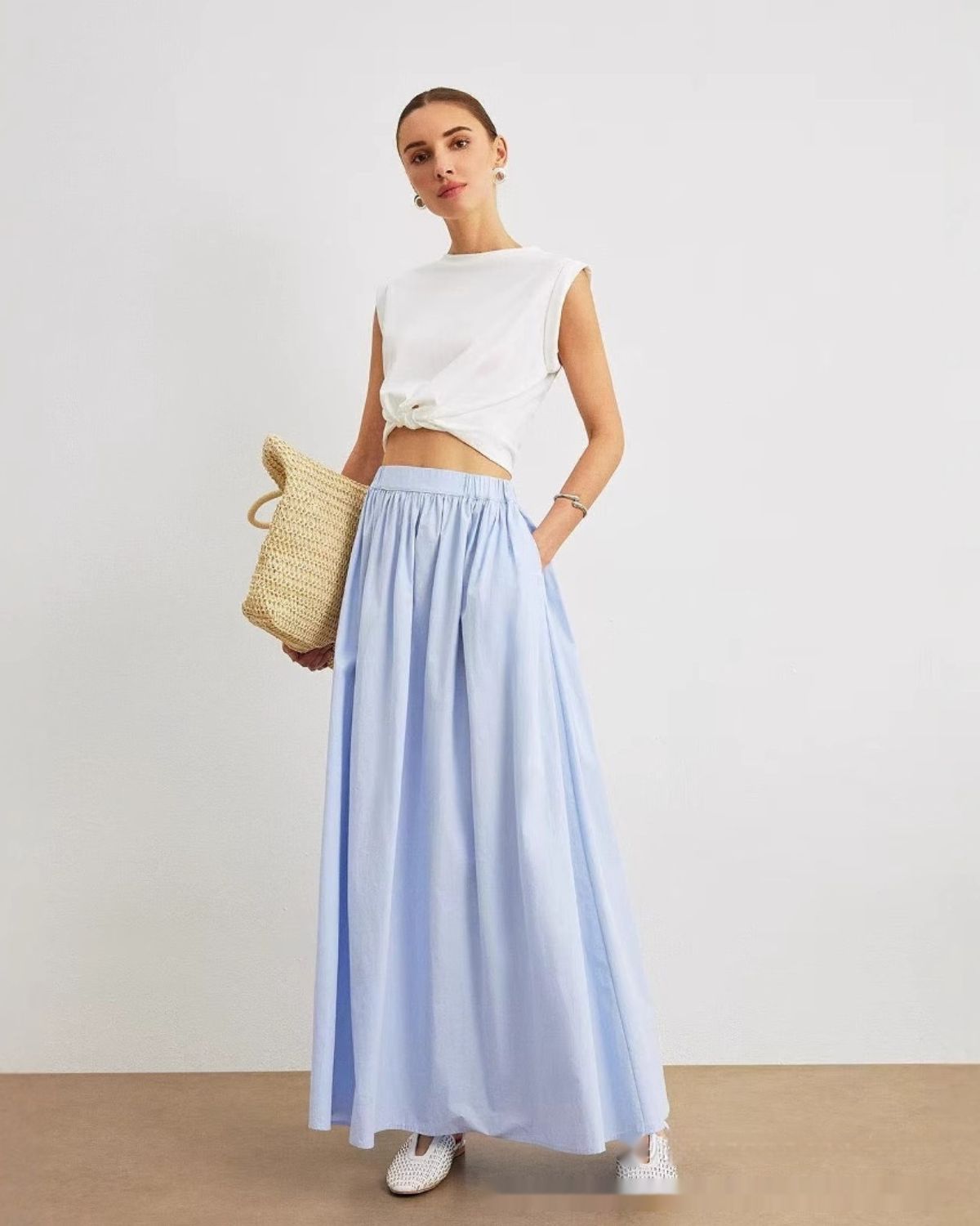Daphné | Jupe Longue Taille Haute Bleu Clair pour Femme