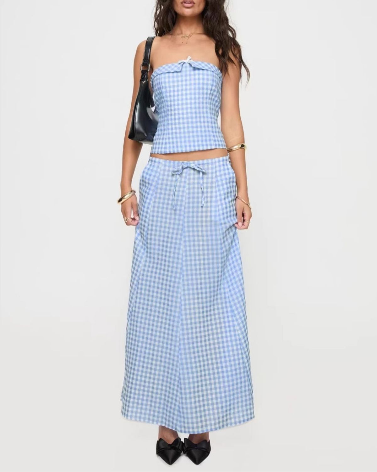 Céline | Haut Court & Jupe Longue à Carreaux Bleus Ensemble Femme