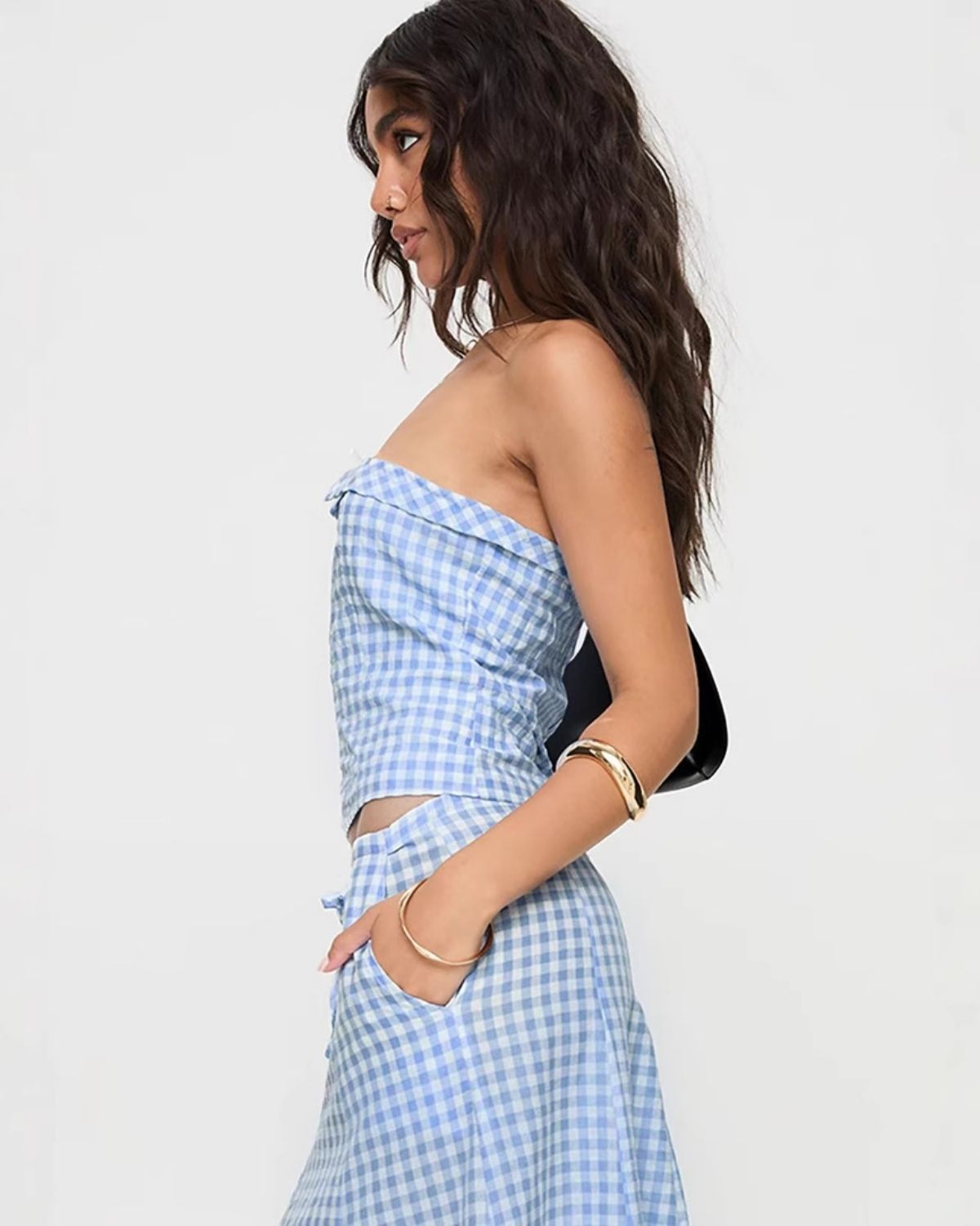 Céline | Haut Court & Jupe Longue à Carreaux Bleus Ensemble Femme