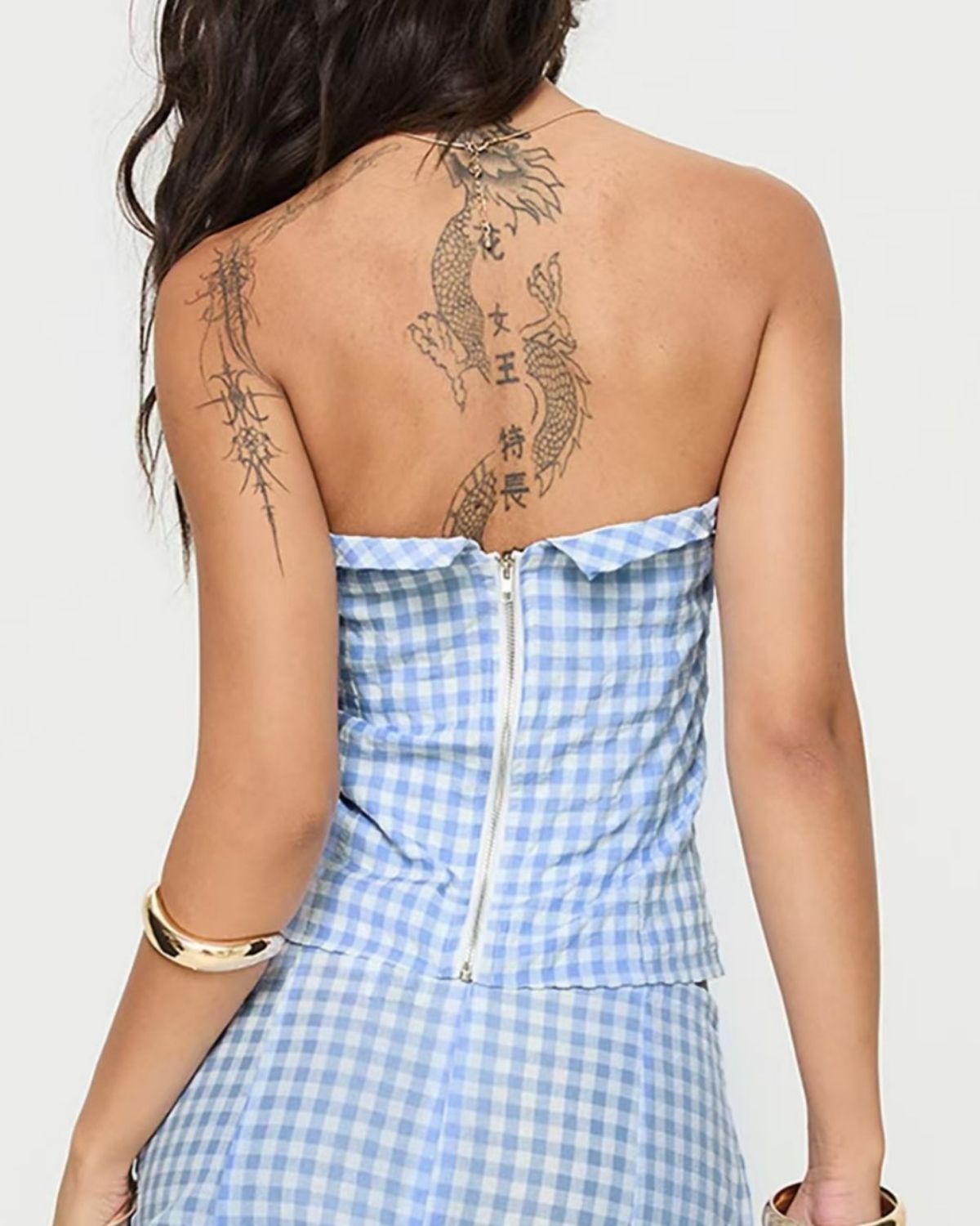 Céline | Haut Court & Jupe Longue à Carreaux Bleus Ensemble Femme