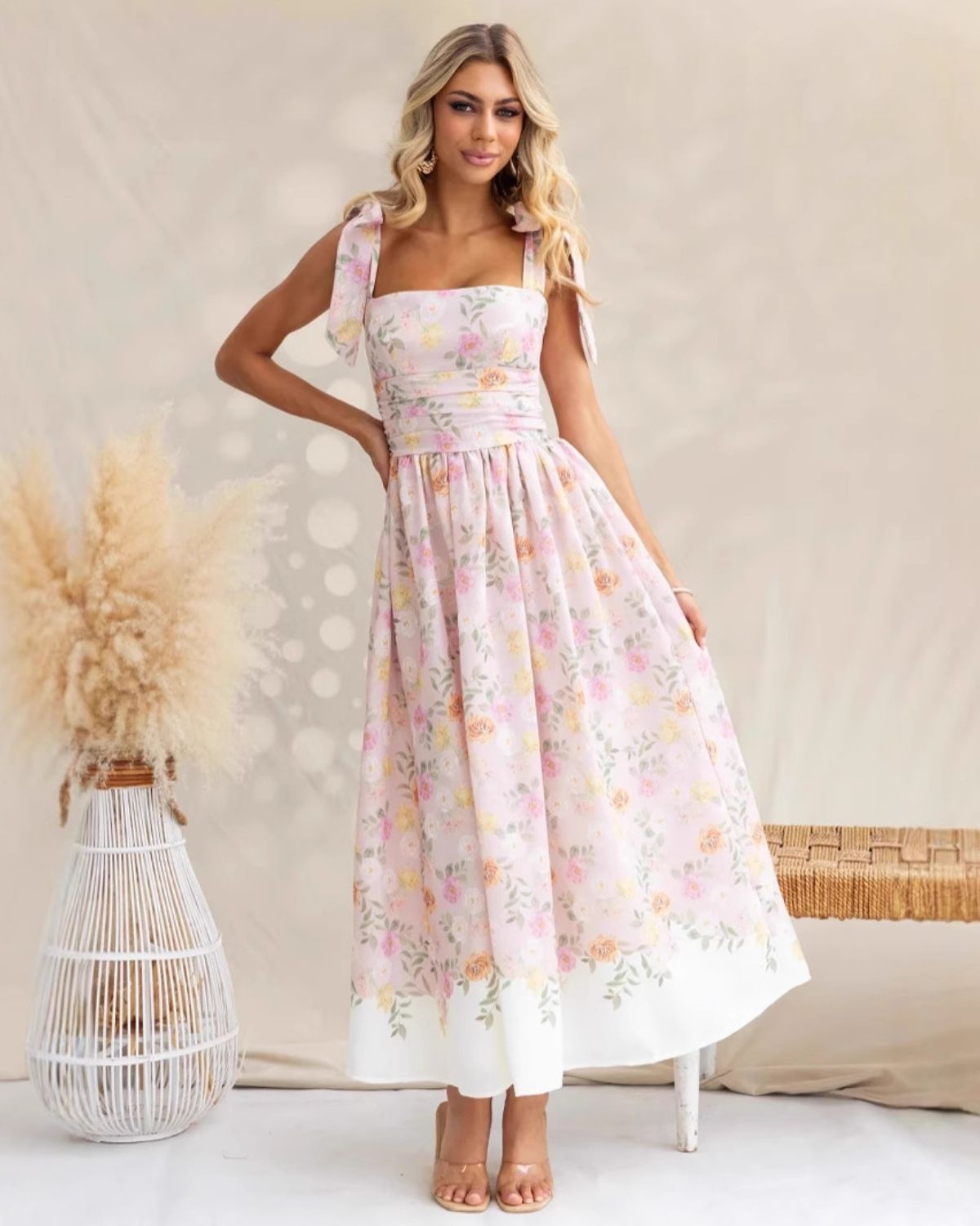 Zéphora | Robe Midi Fleurie à Bretelles Nouées pour Femme