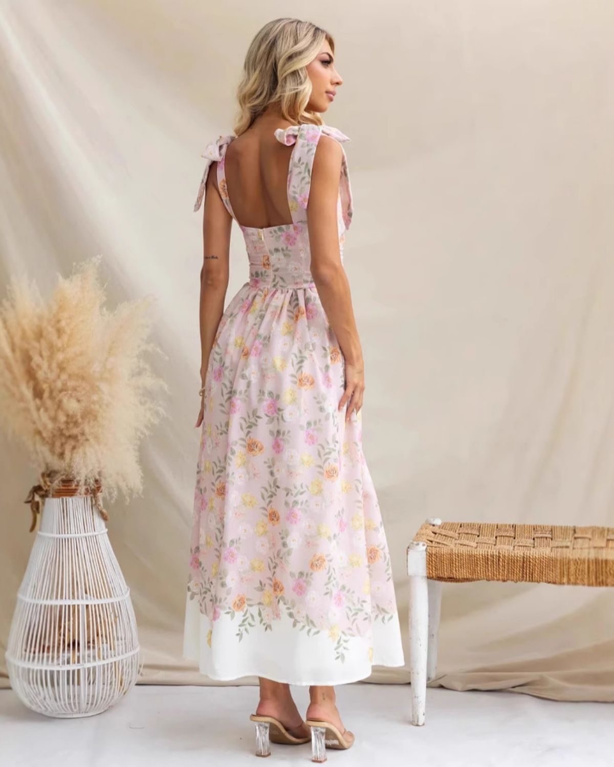 Zéphora | Robe Midi Fleurie à Bretelles Nouées pour Femme
