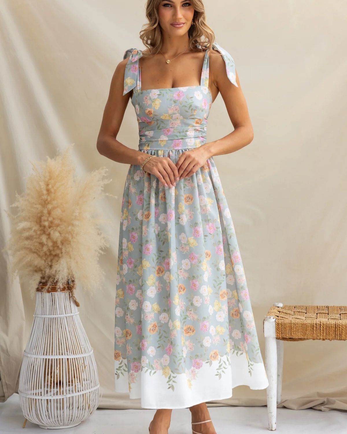 Zéphora | Robe Midi Fleurie à Bretelles Nouées pour Femme
