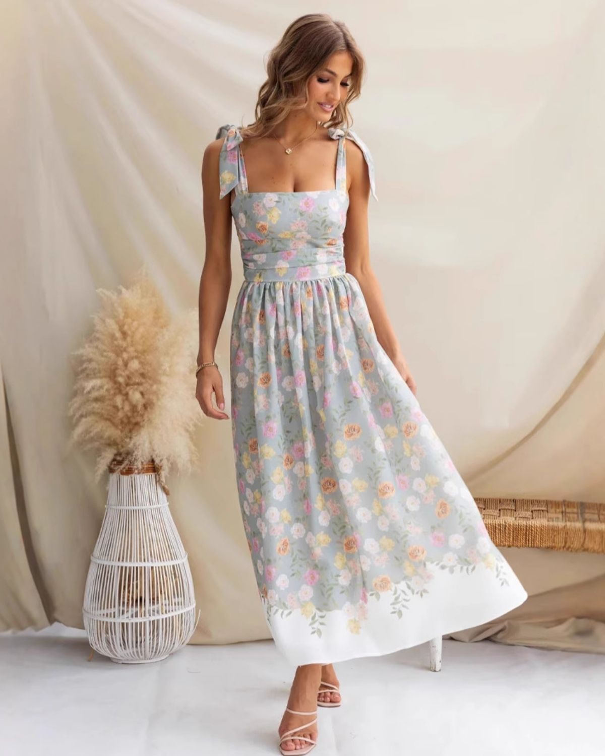 Zéphora | Robe Midi Fleurie à Bretelles Nouées pour Femme