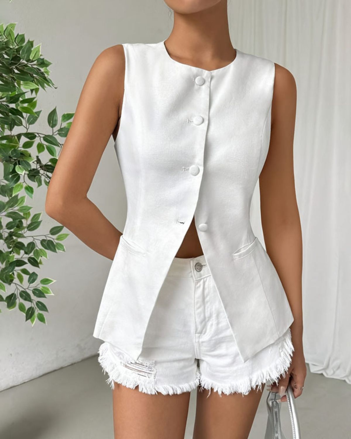Gabrielle | Veste Blazer Sans Manches Blanche pour Femme