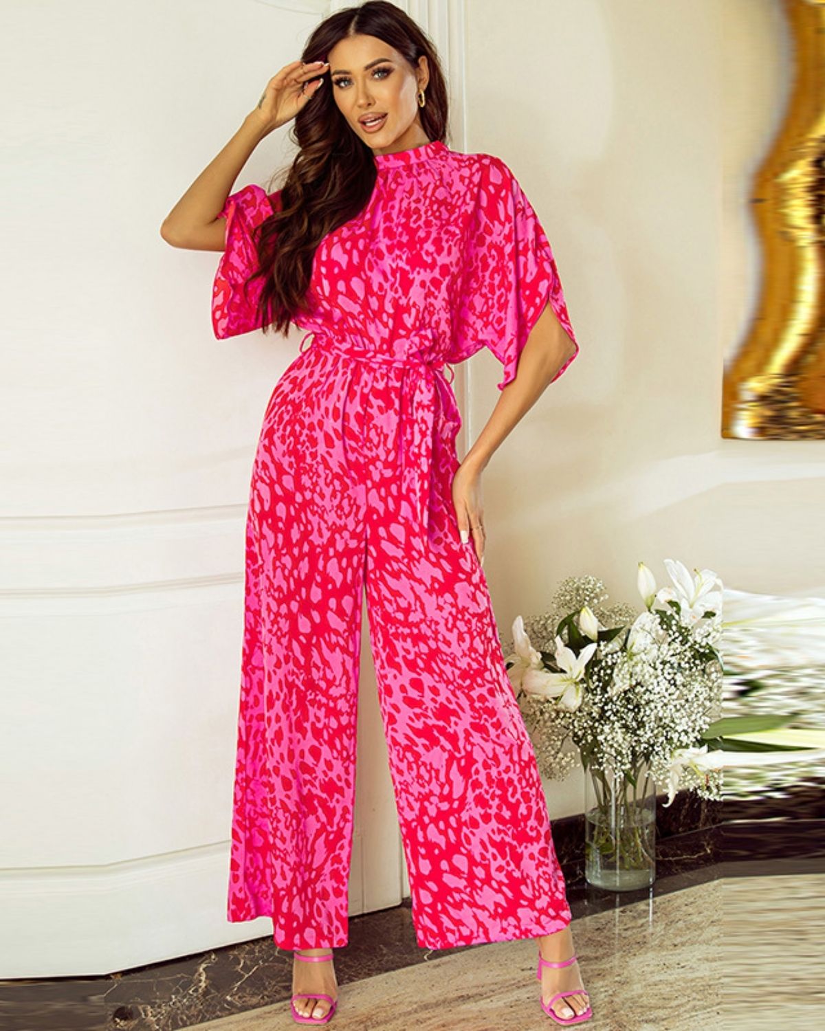 Aurélie | Imprimé Léopard Rose Fuchsia Jambes Larges Pour Femme