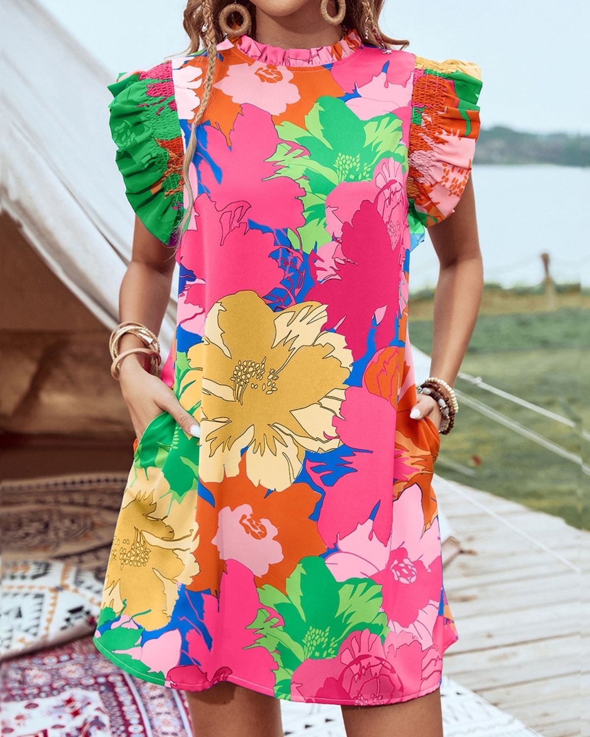 Agathe | Robe Courte Fleurie à Manches Volantées