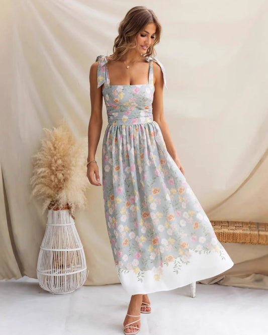 Zéphora | Robe Midi Fleurie à Bretelles Nouées pour Femme