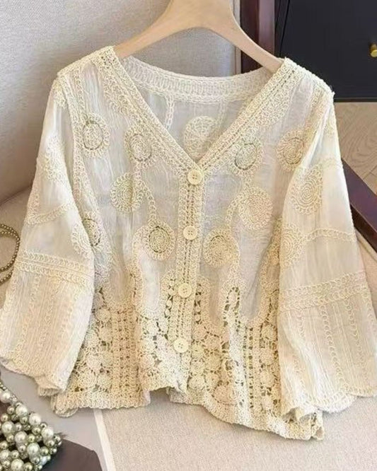 Joëlle | Top Femme Vintage Bohème en Crochet Brodé