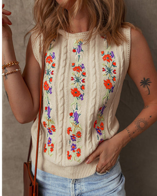 Alice | Top Sans Manches à Fleurs Brodées pour Femme – Style Vintage